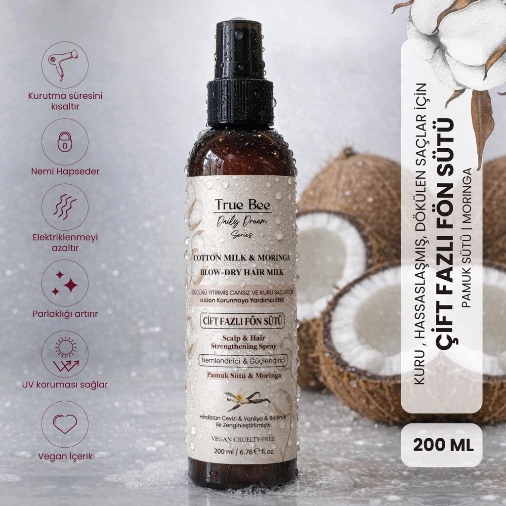 Spray anti-caída para secado con leche de algodón y moringa True Bee 200 ml