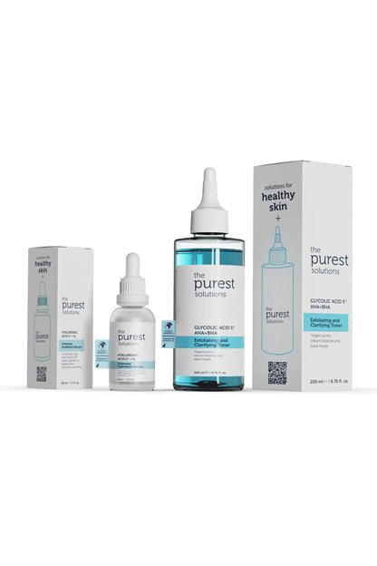 Set de cuidado de la piel The Purest Solutions - Sérum hidratante y tónico exfoliante para piel seca e irregular - Ácido hialurónico y ácido glicólico