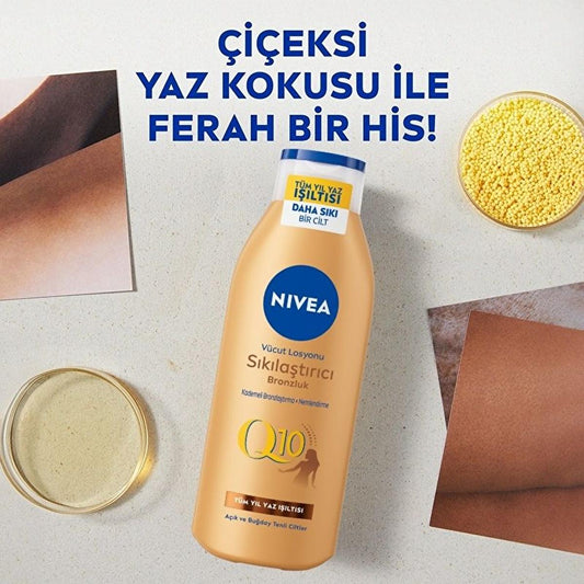 Loción corporal reafirmante y bronceadora Nivea Q10 - Hidratante, bronceado sin sol, cuidado corporal reafirmante para tonos de piel claros a medios
