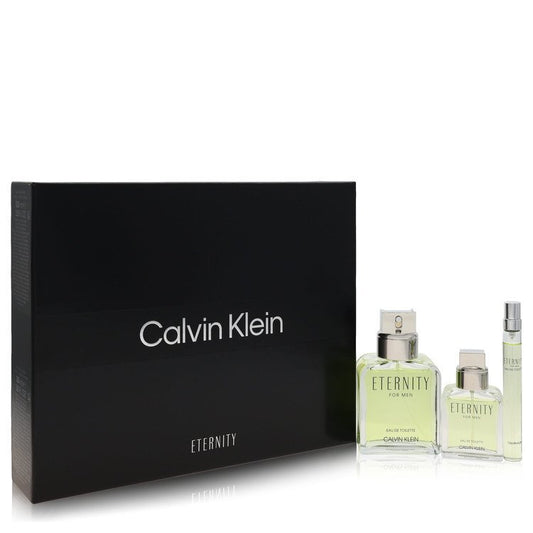 Eternity by Calvin Klein Gift Set -- 3.3 oz Eau De Toilette Spray + 1 oz Eau De Toilette Spray + 0.33 Eau De Toilette Spray (Men)
