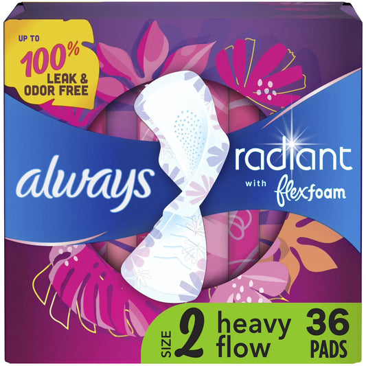 Always Radiant FlexFoam Pads, Size 2 Heavy Flow 3 Packs of 36 Feminine Pads & Protectors Pasteur Pharmacy