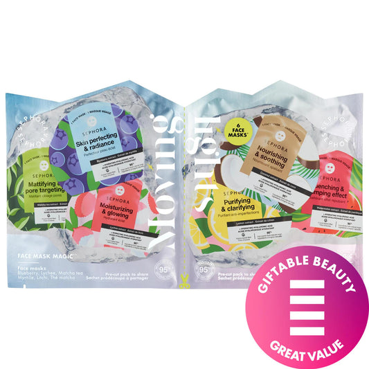 Sephora Collection : Coffret de masques visage naturels - Nourrir et régénérer les peaux sèches, 6 masques aux extraits de fruits, 95 % d'ingrédients d'origine naturelle - Application rapide en 10 minutes