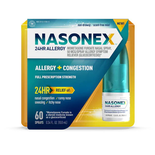 Nasonex 24-Hour Allergy & Congestion Relief Nasal Spray, 50mcg Mometasone Furoate, 120 Sprays Medicine & Drugs Pasteur Pharmacy