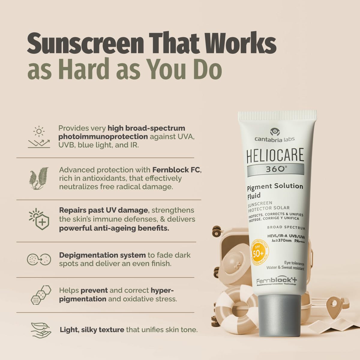 Protector solar Heliocare Fluido FPS50+ - Resistente al agua, no graso, para todo tipo de piel
