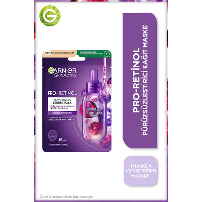 Mascarilla facial Garnier Pro-Retinol - Mascarilla antiedad en tejido para arrugas, hipoalergénica, 22g