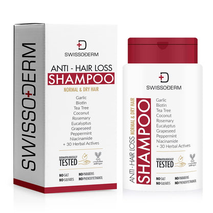 Shampooing anti-chute Swissoderm pour cheveux normaux à secs - 300 ml, renforce les follicules pileux, réduit la chute des cheveux