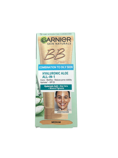 Garnier BB Cream para piel mixta a grasa - Hidratante, cobertura natural con ácido hialurónico y aloe vera