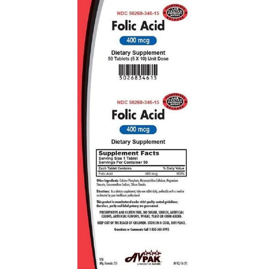 Avpak Folic Acid Tablets 400 Mcg Vitamins & Supplements Pasteur Pharmacy