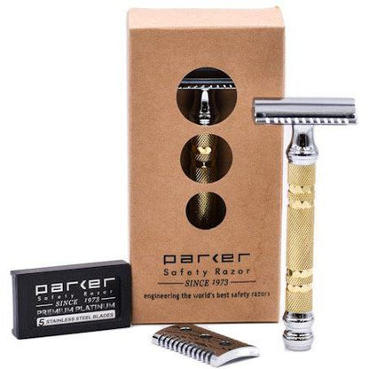 Maquinilla de afeitar de seguridad Parker 69CR convertible con peines abierto y cerrado