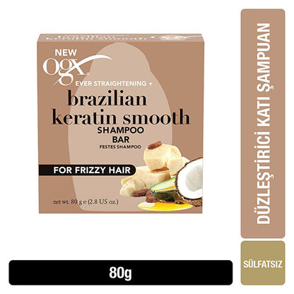Shampoing solide OGX Brazilian Keratin Therapy : Lisse les cheveux frisés et bouclés à l'huile de coco, sans sulfates, sans plastique - Équivalent à 700 ml de shampoing liquide