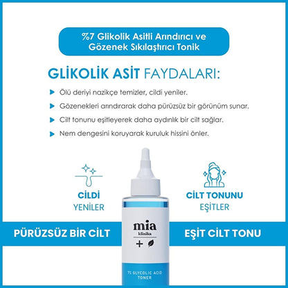 Tónico de ácido glicólico al 7% Mia Klinika: Refina los poros, exfolia e ilumina la piel - Consigue un tono de piel radiante y uniforme