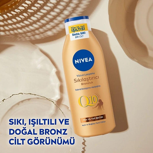Loción corporal reafirmante y bronceadora Nivea Q10 - Hidratante, bronceado sin sol, cuidado corporal reafirmante para tonos de piel claros a medios