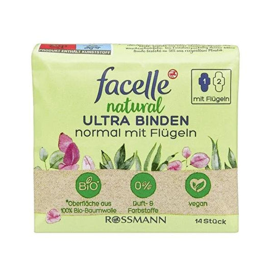 Serviettes hygiéniques ultra-fines Facelle Natural avec ailettes : respirantes, véganes et testées dermatologiquement pour les peaux sensibles - 14 unités
