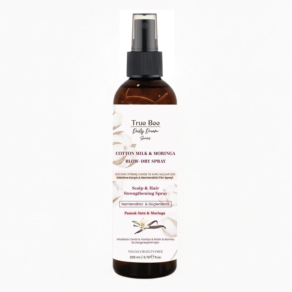 Spray anti-caída para secado con leche de algodón y moringa True Bee 200 ml
