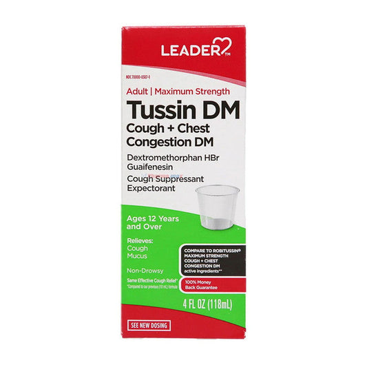 Leader Non-Drowsy Tussin DM – Cough & Chest Congestion Relief – Raspberry Flavor – 4 fl oz (118mL) Medicine & Drugs Pasteur Pharmacy