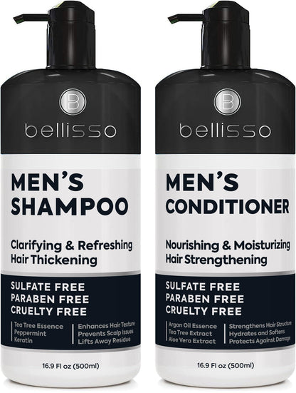 Mens Shampoo and Conditioner Set Sulfate Free and Clarifying For Men with Oily to Normal Hair Moisturizing and Thickening Biotin Keratin Tea Tree Oil Caffeine and Peppermint for Dandruff