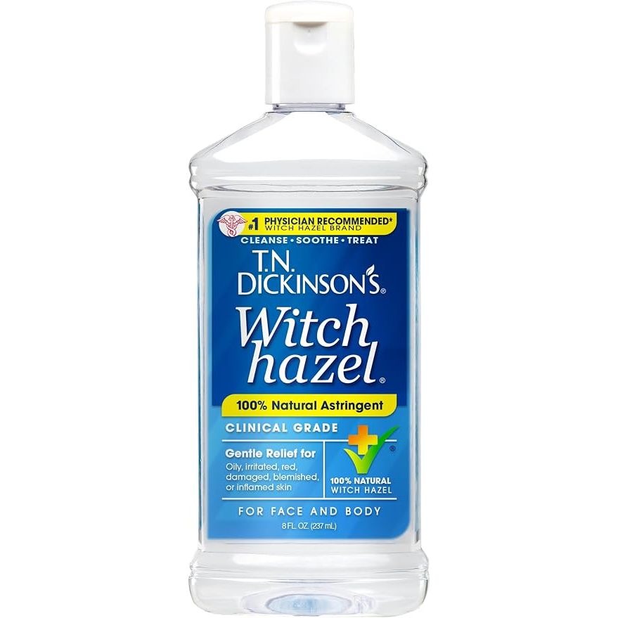 T.N. Dickinson's Witch Hazel, astringente 100% natural, 8 fl oz (237 ml), hamamelis puro, sin fragancia; limpia y suaviza la piel; grado clínico; para rostro y cuerpo