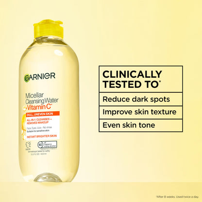 Agua Micelar Garnier con Vitamina C - 13.53 fl oz, Desmaquillante suave y agua limpiadora
