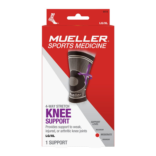 Mueller 4-Way Stretch Knee Support, Black, L/XL Supports & Braces Pasteur Pharmacy