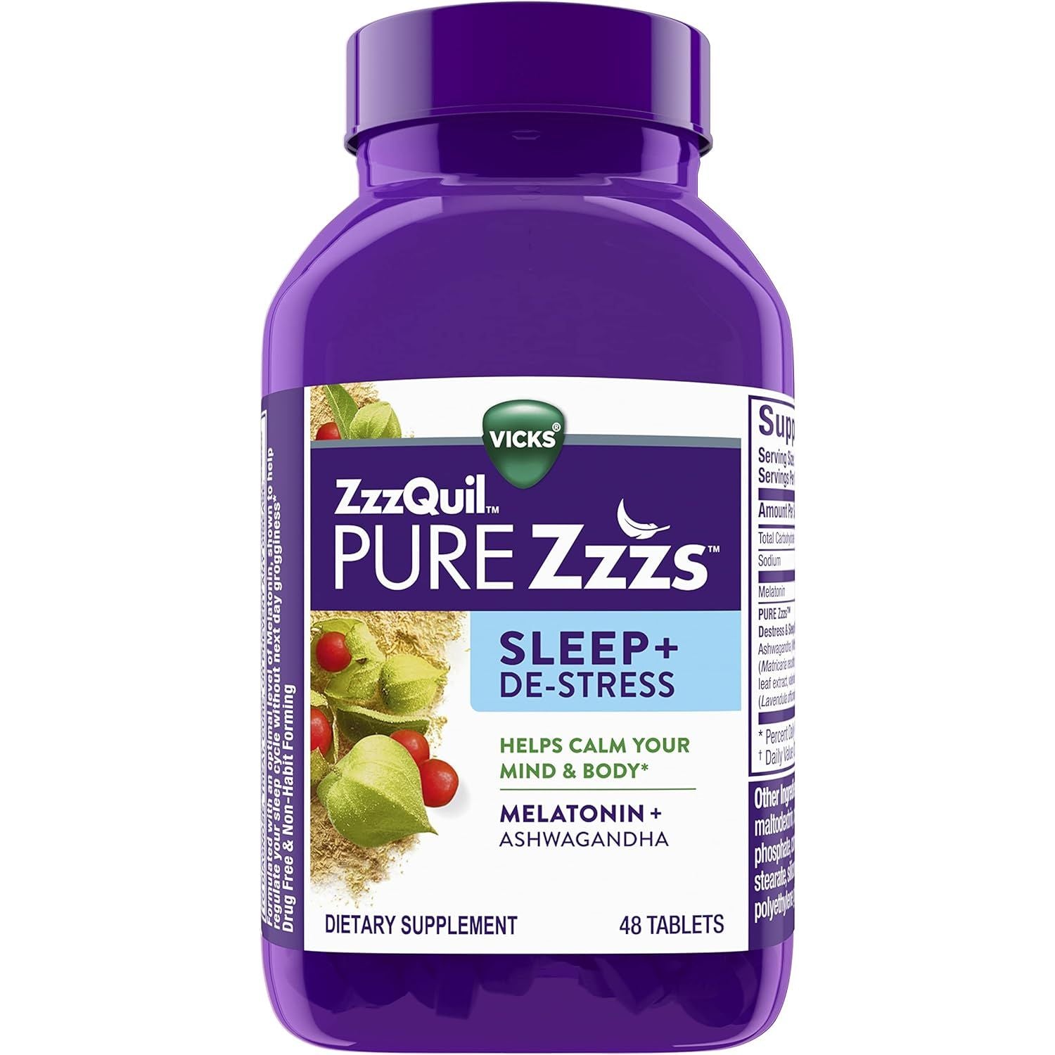 ZzzQuil PURE Zzzs De-Stress Melatonin Sleep Aid Tablets 48 Count Vitamins & Supplements Pasteur Pharmacy