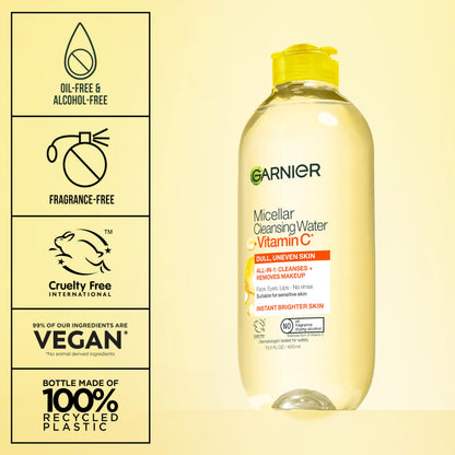 Agua Micelar Garnier con Vitamina C - 13.53 fl oz, Desmaquillante suave y agua limpiadora