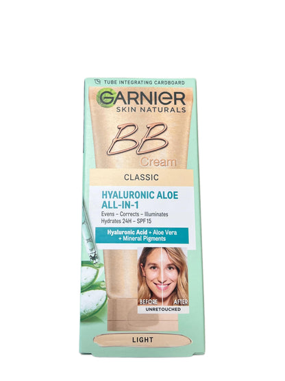 BB Cream Garnier Skin Naturals - Solución 5 en 1 de cuidado facial y maquillaje con ácido hialurónico y aloe vera - Cobertura natural y protección UV - Tono claro, 50 ml