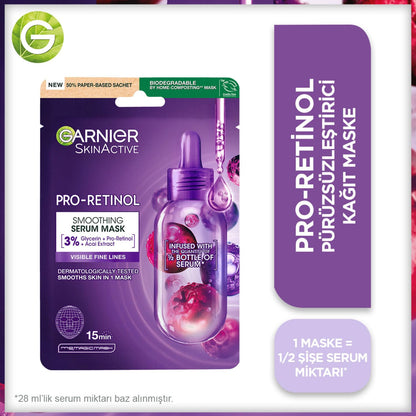 Mascarilla facial Garnier Pro-Retinol - Mascarilla antiedad en tejido para arrugas, hipoalergénica, 22g