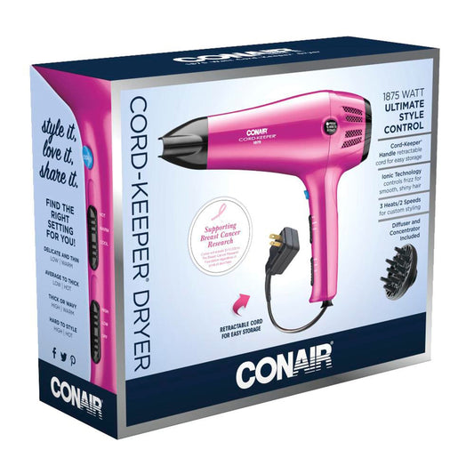 Conair 209R Ionic Ceramic Cord Keeper Hair Dryer, Pink, 1875 Watts Hair Dryers Pasteur Pharmacy