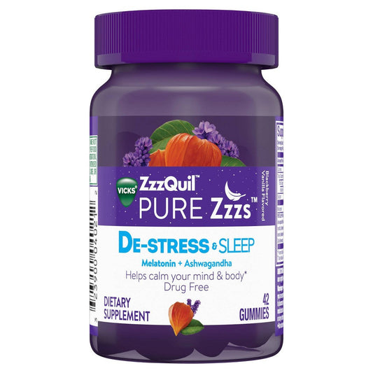 Vicks Pure Zzzs De-Stress & Sleep Melatonin + Ashwagandha Gummies - Blackberry Vanilla Health & Beauty Pasteur Pharmacy