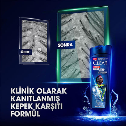 Champú anticaspa Clear Men Vin’cius Jœnior: Ultra Hydro Boost para hombre - 10 veces más hidratación profunda, eucalipto y madera de cedro, combate la sequedad del cuero cabelludo y la caspa