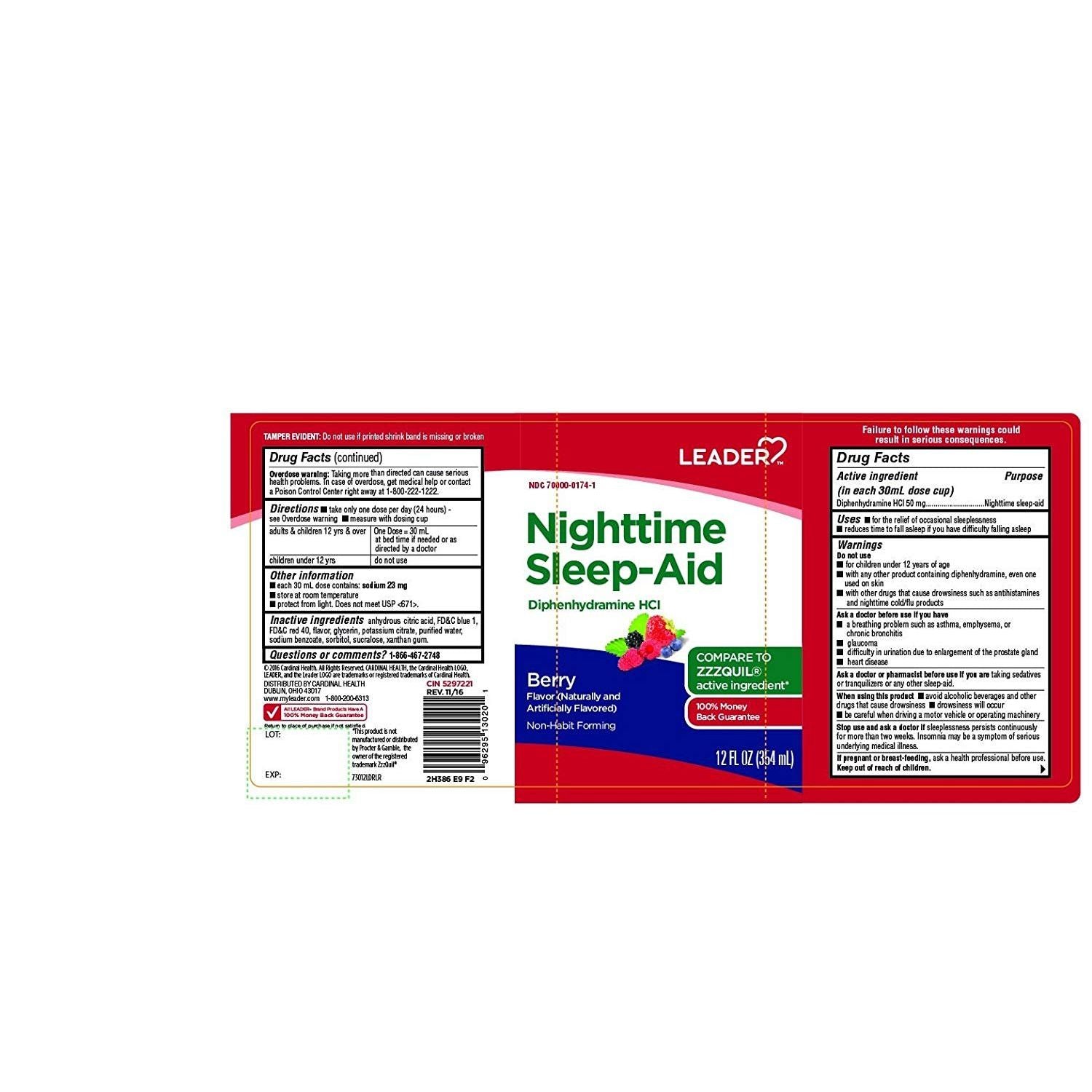 Leader™ Nighttime Sleep Aid – Berry Flavor Liquid (12 fl oz) Vitamins & Supplements Pasteur Pharmacy