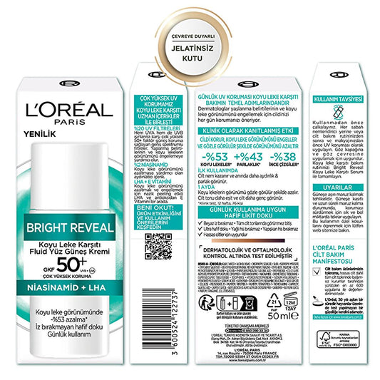 L'Oreal Paris Bright Reveal SPF 50+ Anti-Dark Spot Face Sunscreen - Lightweight, Non-Greasy Daily UV Protection for Sensitive Skin