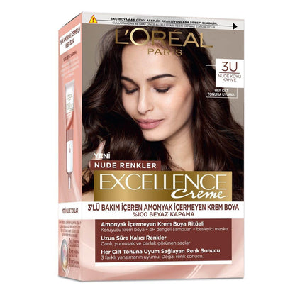Coloration L'Oréal Paris Excellence Nude Brun Foncé : Couverture des cheveux gris sans ammoniaque pour toutes les carnations - Obtenez une couleur naturelle et éclatante à la maison