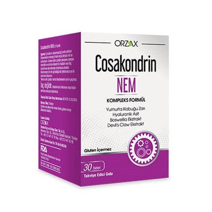 Orzax Cosakondrin Nem - Suplemento para la salud articular con membrana de cáscara de huevo, boswellia y ácido hialurónico - 30 tabletas
