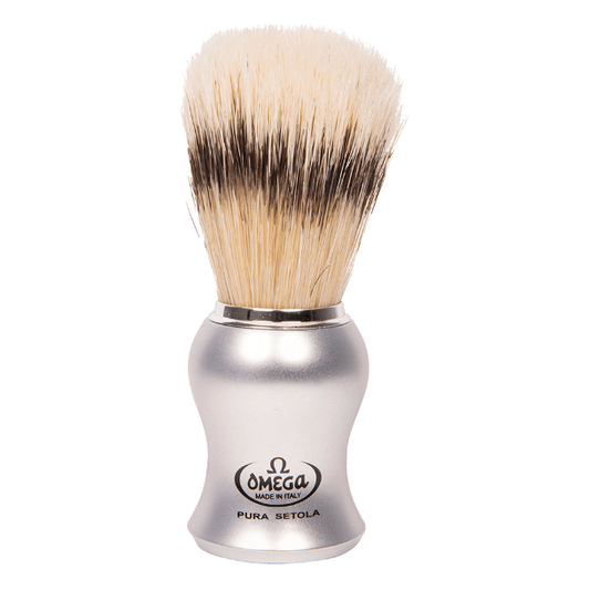 Omega Matte Silver Handle Shaving Brush On Black Stand #81229 Shaving Brush Pasteur Pharmacy