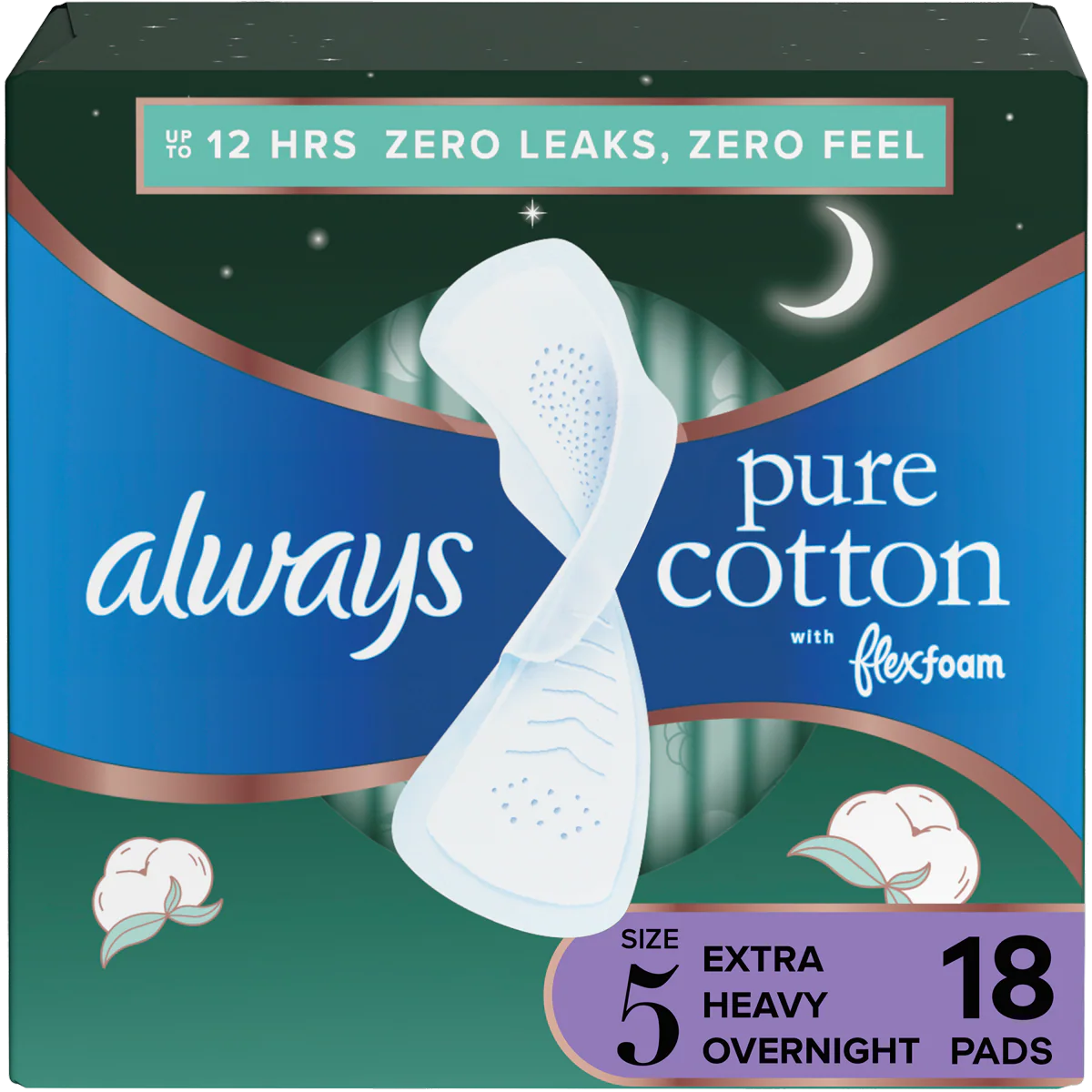 Always Pure Cotton FlexFoam Size 5 Extra Heavy Flow 3 Packs of 18 Feminine Pads & Protectors Pasteur Pharmacy