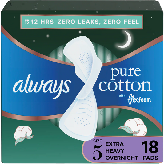 Always Pure Cotton FlexFoam Size 5 Extra Heavy Flow 3 Packs of 18 Feminine Pads & Protectors Pasteur Pharmacy