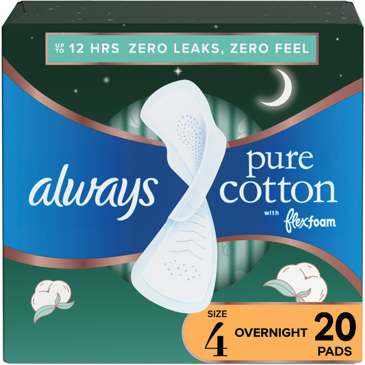 Always Pure Cotton FlexFoam Size 4 Overnight Absorbency 3 Packs of 20 Feminine Pads & Protectors Pasteur Pharmacy