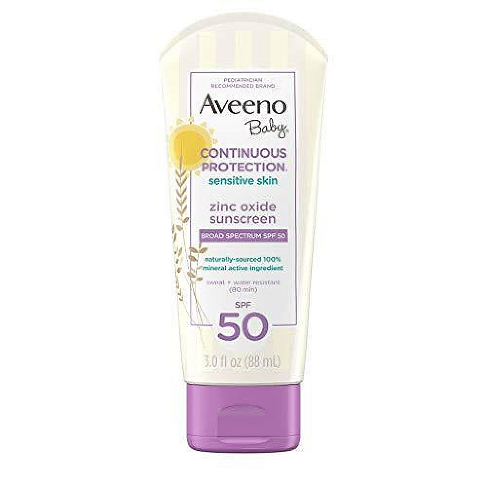 Aveeno Baby Continuous Protection Zinc Oxide Mineral Sunscreen Lotion For Sensitive Skin, Broad Spectrum SPF 50, Tear-Free, Sweat- & Water-Resistant, Paraben-Free, Travel-Size, 3 Fl. Oz Sunscreen Pasteur Pharmacy