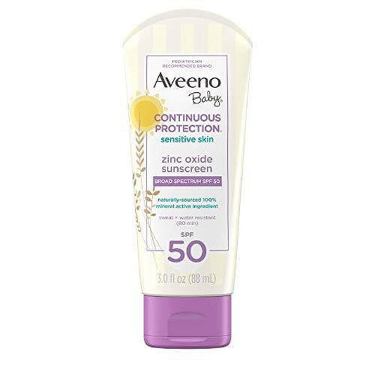Aveeno Baby Continuous Protection Zinc Oxide Mineral Sunscreen Lotion For Sensitive Skin, Broad Spectrum SPF 50, Tear-Free, Sweat- & Water-Resistant, Paraben-Free, Travel-Size, 3 Fl. Oz Sunscreen Pasteur Pharmacy