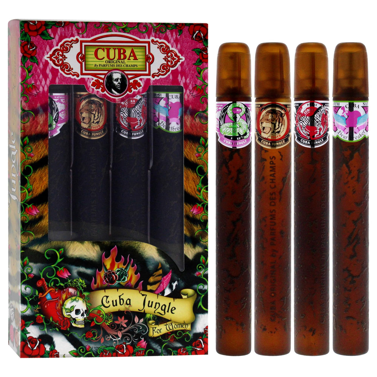 Coffret cadeau Cuba Jungle 4 pièces pour femme, (Snake + Tiger + Zebra + Heartbreaker 4 x 35 ml Eau de Parfum en spray)