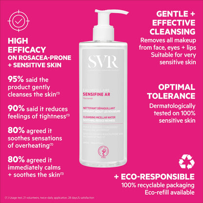 Agua micelar limpiadora SVR Physiopure - Desmaquillante suave para pieles sensibles, 13.53 fl oz