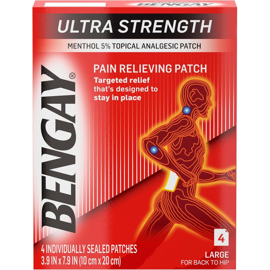 Bengay Ultra Strength Pain Relieving Patch for Back to Hip, Large 3.9 X 7.9 Inches - 4 Ct Personal Care Pasteur Pharmacy