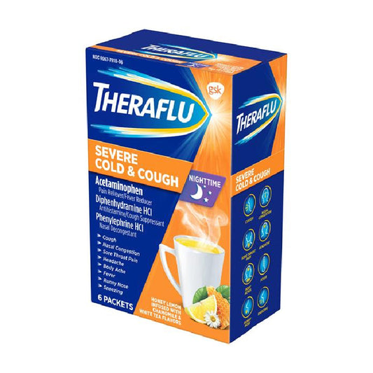 Theraflu Severe Cold & Cough Powder Packets Nighttime Honey Lemon Infused With Chamomile & White Tea Flavors Health & Beauty Pasteur Pharmacy