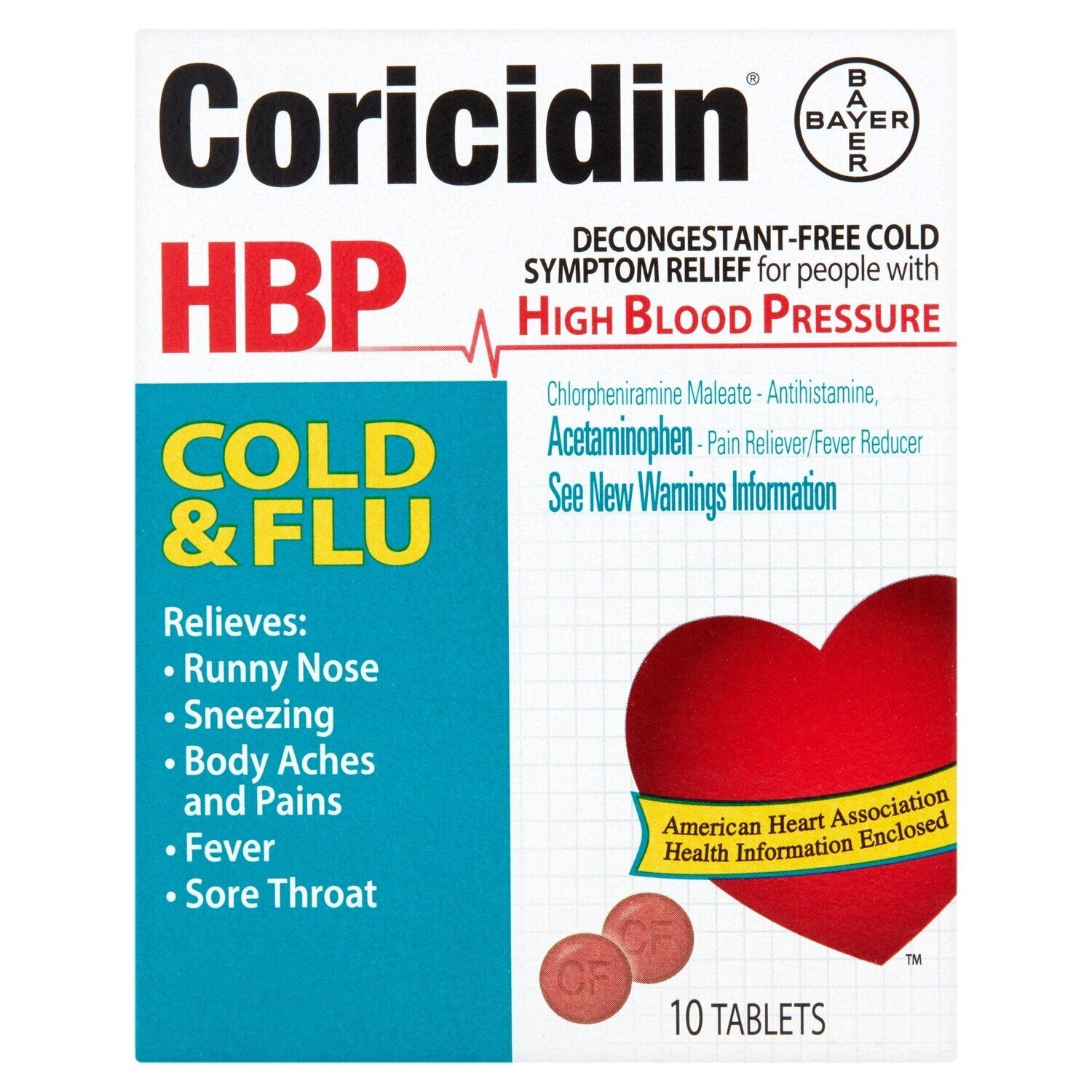 Coricidin HBP Cold & Flu Relief, Decongestant-Free Tablets, 10 ct Medicine & Drugs Pasteur Pharmacy