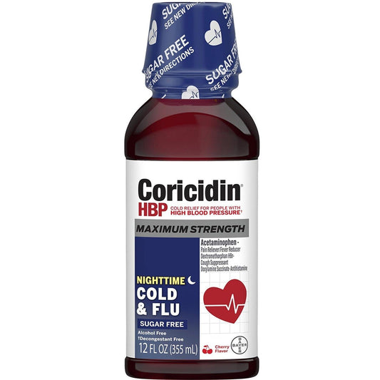 Coricidin HBP Nighttime Maximum Strength Cherry Cold & Flu 12 Fl Oz Medicine & Drugs Pasteur Pharmacy