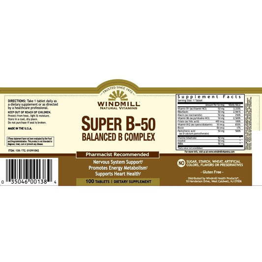 Windmill Super B50 Balanced B Complex Vitamin Tablets 100ct Vitamins & Supplements Pasteur Pharmacy