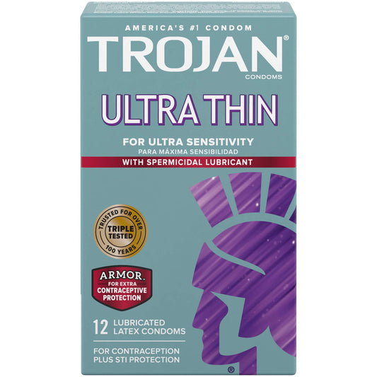 Trojan Condom Sensitivity Ultra Thin Spermicidal Lubricant 4 x 12 Condoms Pasteur Pharmacy