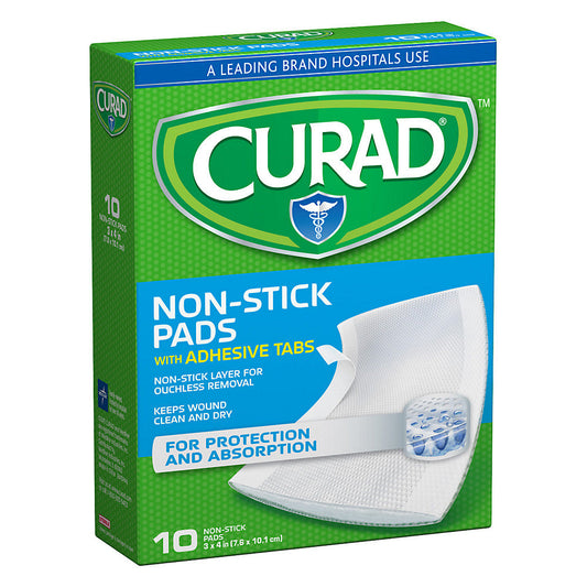 Curad Non-Stick Pads with Adhesive Tabs, Ouchless Wound Dressing – 3" x 4", 10 Count First Aid Pasteur Pharmacy