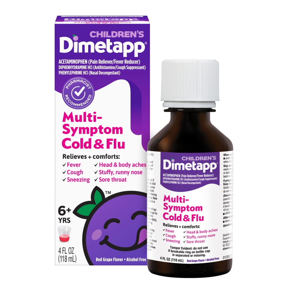 Dimetapp Cold & Flu, Multi Symptom, Children's, Red Grape Flavor, 6+ Yrs 4 Fl Oz Grapes Pasteur Pharmacy